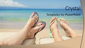  Presentation with women - PPT theme featuring sandals - women lounging and sunbathing background and a light blue colored foreground
