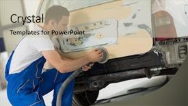  Presentation with body - Presentation theme featuring sandblasting - car painter polishes body part background and a soft green colored foreground