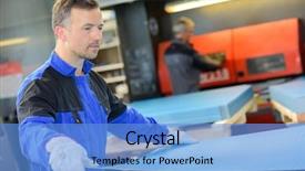  Presentation with pallet - Slide deck with sandblasting - man placing sheetmetal onto background and a light blue colored foreground