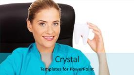  Presentation with orthodontics orthodontic model and dentist - Cool new presentation theme with sandblasting - young female dentist holding tooth backdrop and a teal colored foreground