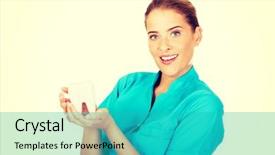  Presentation with dentist - PPT theme consisting of sandblasting - young female dentist holding tooth background and a teal colored foreground