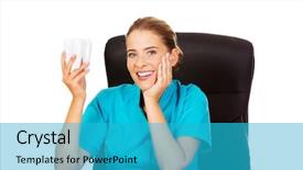  Presentation with dentist - Colorful slides enhanced with sandblasting - young female dentist holding tooth backdrop and a teal colored foreground