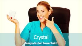  Presentation with dentist - Beautiful presentation theme featuring sandblasting - young female dentist holding tooth backdrop and a teal colored foreground