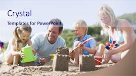 Presentation with sand - Amazing PPT theme having sandcastle - family on beach making sand backdrop and a sky blue colored foreground