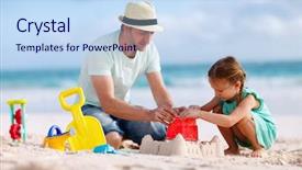  Presentation with daughter - Theme enhanced with sandcastle - father and daughter on beach background and a sky blue colored foreground