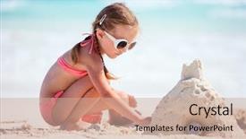 Presentation with footprints and sand beach - Slide set consisting of sandcastle - little girl at tropical beach background and a coral colored foreground