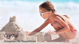  Presentation with tropical - Presentation theme enhanced with sandcastle - little girl at tropical beach background and a soft green colored foreground