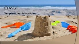  Presentation with beach toys on sand - Slide set consisting of sandcastle and toy shovels background and a light blue colored foreground