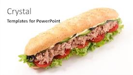  Presentation with lettuce - Amazing slide set having sandwich-babguette-with-tuna-tomato backdrop and a white colored foreground