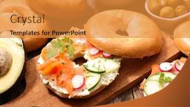  Presentation with bagel - Presentation design consisting of sandwich-bagel-with-cream-vegetable background and a gold colored foreground