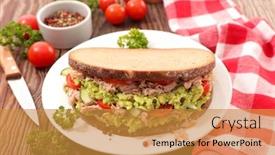  Presentation with tuna - Amazing PPT theme having sandwich-bread-sliced-with-tuna backdrop and a gold colored foreground