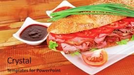  Presentation with sauces - Presentation theme featuring huge breakfast - sandwich on plate french long background and a red colored foreground
