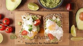  Presentation with breakfast sandwich - PPT theme having sandwich-with-avocado-and-poached background and a coral colored foreground