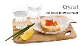  Presentation with vodka - Slide deck enhanced with sandwich with caviar and vodka on wooden board isolated on white background and a white colored foreground