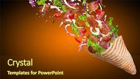  Presentation with house fly insect close up - Theme having sandwich with flying ingredients freeze background and a tawny brown colored foreground