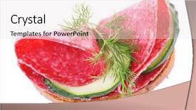  Presentation with fresh fruits salad on white - Slide set featuring sandwich with salami and cucumber isolated on white background and a sky blue colored foreground