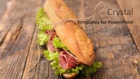  Presentation with lettuce - Beautiful slide deck featuring sandwich with salami and lettuce on wood background backdrop and a coral colored foreground