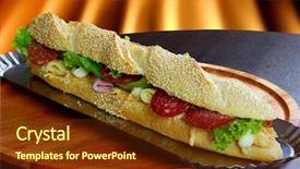  Presentation with salad packaging - Beautiful PPT layouts featuring sandwich with salami and salad backdrop and a tawny brown colored foreground
