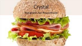  Presentation with fresh fruits salad on white - Audience pleasing theme consisting of sandwich with salami and vegetables backdrop and a  colored foreground