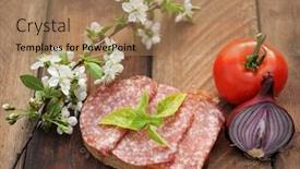  Presentation with red onion - Cool new PPT layouts with sandwich with salami red onion tomato and cherry flowers backdrop and a coral colored foreground