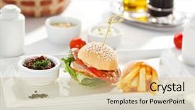  Presentation with french fries - Theme consisting of sandwich with smoked meat tomato and cucumber garnished with french fries and vegetables sauce background and a lemonade colored foreground