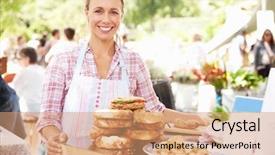  Presentation with food market - Colorful presentation theme enhanced with woman selling fresh sandwiches at farmers food market backdrop and a coral colored foreground