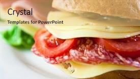  Presentation with healthy breakfast - Presentation theme consisting of sandwiches with salami cheese and tomatoes concept for healthy breakfast front view background and a yellow colored foreground