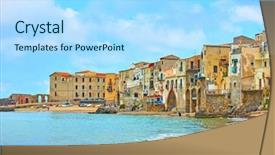  Presentation with italy - Audience pleasing presentation design consisting of sandy beach and old houses backdrop and a light blue colored foreground