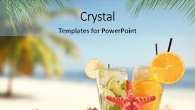  Presentation with palm leaves - Slides having sandy beach with ice drinks background and a light blue colored foreground