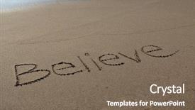  Presentation with believe - PPT theme enhanced with sandy shores - believe written in the sand background and a violet colored foreground