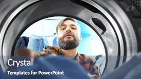  Presentation with laundromat - Colorful theme enhanced with man doing laundry in laundromat backdrop and a ocean colored foreground