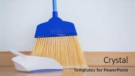  Presentation with close up wooden decking - Theme having sanitation - close-up of dustpan and sweeping background and a coral colored foreground