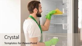  Presentation with refrigerator - Presentation theme featuring sanitation - man cleaning empty refrigerator background and a lemonade colored foreground