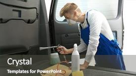  Presentation with car cleaning - Presentation design with sanitation - young man cleaning car salon background and a dark gray colored foreground