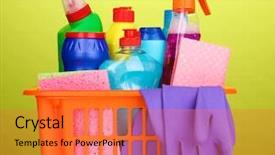  Presentation with party items on green - Colorful presentation theme enhanced with sanitation safety - basket with cleaning items backdrop and a red colored foreground