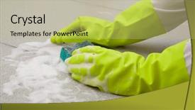  Presentation with waiter hand in white glove - Presentation having sanitation safety - hand in glove scrubbing tile background and a yellow colored foreground