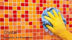  Presentation with blue orange - Colorful theme enhanced with sanitation safety - person doing chores in bathroom backdrop and a gold colored foreground
