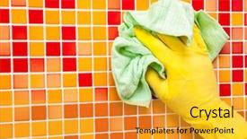  Presentation with tile wall seamless - Theme enhanced with sanitation safety - person doing chores in bathroom background and a gold colored foreground