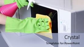  Presentation with cleaning agents - Slides enhanced with sanitation wipes - cleaning microwave oven in kitchen background and a light blue colored foreground