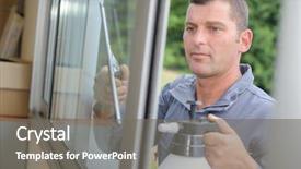  Presentation with floor care and cleaning services - PPT theme featuring sanitation wipes - man cleaning windows background and a gray colored foreground
