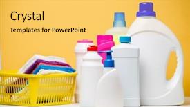  Presentation with orange colored - PPT theme enhanced with sanitation wipes - photo of several bottles background and a yellow colored foreground