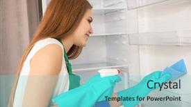  Presentation with refrigerator - Cool new slide set with sanitation wipes - woman cleaning empty refrigerator backdrop and a seafoam green colored foreground