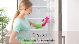  Presentation with refrigerator - Cool new presentation theme with sanitation wipes - woman cleaning refrigerator in kitchen backdrop and a soft green colored foreground