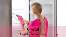  Presentation with refrigerator - Beautiful presentation featuring sanitation wipes - woman cleaning refrigerator in kitchen backdrop and a  colored foreground