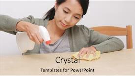  Presentation with pregnant woman cleaning - Amazing PPT theme having sanitation wipes - woman cleaning table backdrop and a lemonade colored foreground