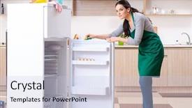  Presentation with hygiene - Amazing PPT theme having sanitation wipes - young woman cleaning fridge backdrop and a lemonade colored foreground