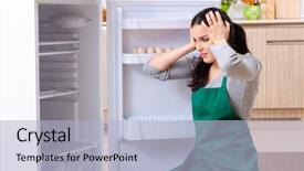  Presentation with fridge - Slide set featuring sanitation wipes - young woman cleaning fridge background and a light blue colored foreground