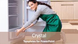  Presentation with fridge - Slide set consisting of sanitation wipes - young woman cleaning fridge background and a coral colored foreground