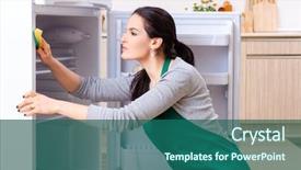  Presentation with fridge - PPT theme with sanitation wipes - young woman cleaning fridge background and a ocean colored foreground