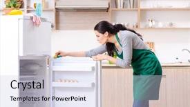  Presentation with hygiene - Presentation theme featuring sanitation wipes - young woman cleaning fridge background and a lemonade colored foreground